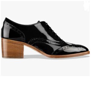 FOWT Black Perforated Lace-Up Oxfords Almond Toe Mid Chunky Heel Brogues Shoes